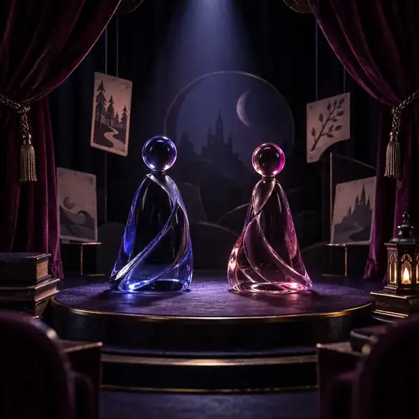 Abstract glass figures on a stage representing character roleplay