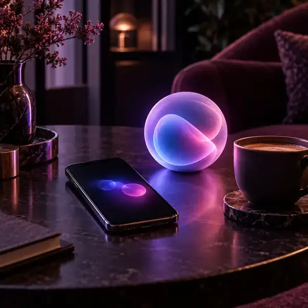 Phone and abstract light orb representing daily AI companion chat